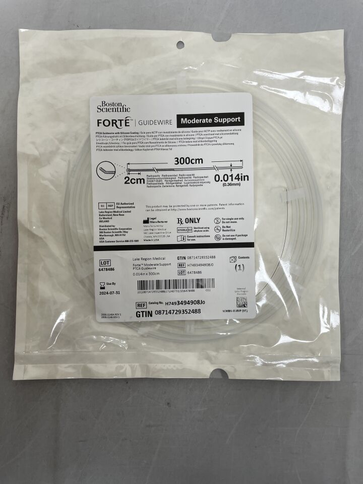 3494908J - BOSTON SCIENTIFIC - Forte PTCA Guidewire - Moderate Support, J-Tip - .014" x 300cm, (EA) - ( Expiry Date: 2024-07-31 )