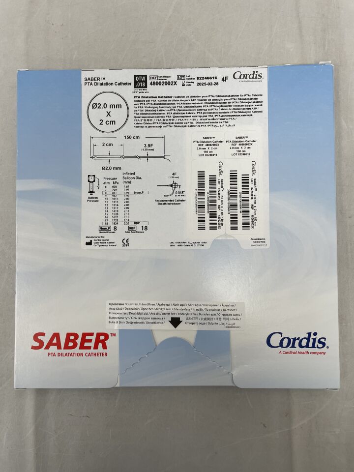 48002002X - CORDIS - SABER .018" OTW PTA Dilatation Catheter - 2.0mm x 2cm x 150cm, (BX/1) - ( Expiry Date: 2025-02-28 )