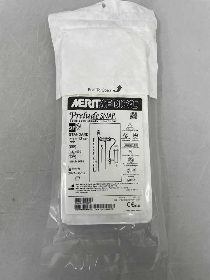 PLS-1009 - MERIT MEDICAL - Prelude Snap Splittable Sheath Introducer w/0.038" Guidewire 9F x 13cm w/Sideport, (EA) - ( Expiry Date: 2024-06-13 )