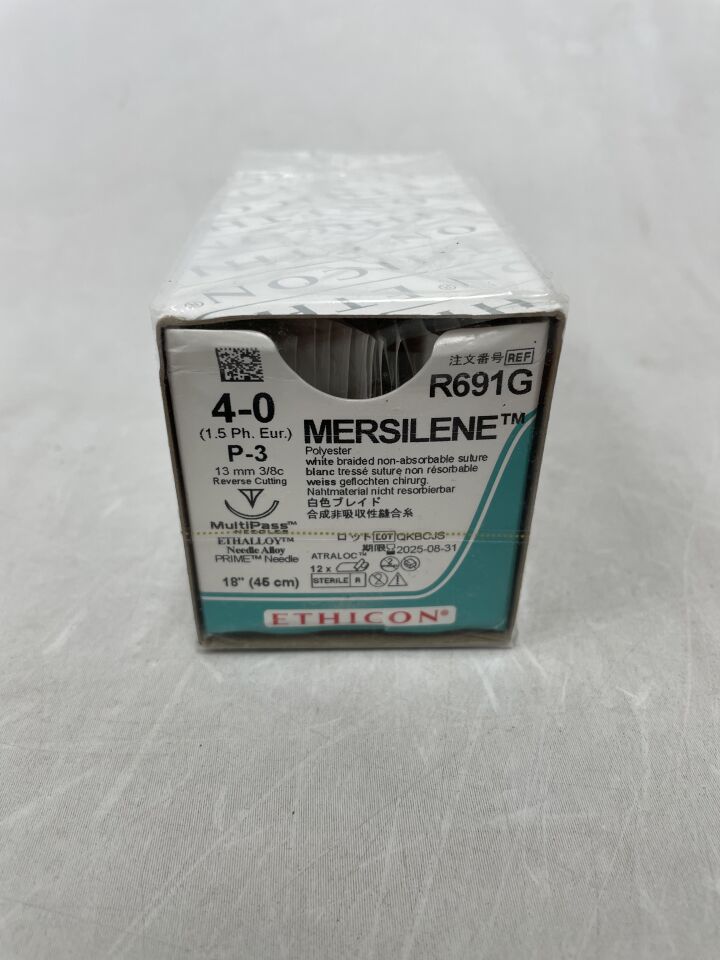 R691G - ETHICON - Mersilene 不可吸收編織聚酯縫合線，4-0 號，18 英吋長，P-3 針，（盒/12）-（有效期至：2025-08-31）