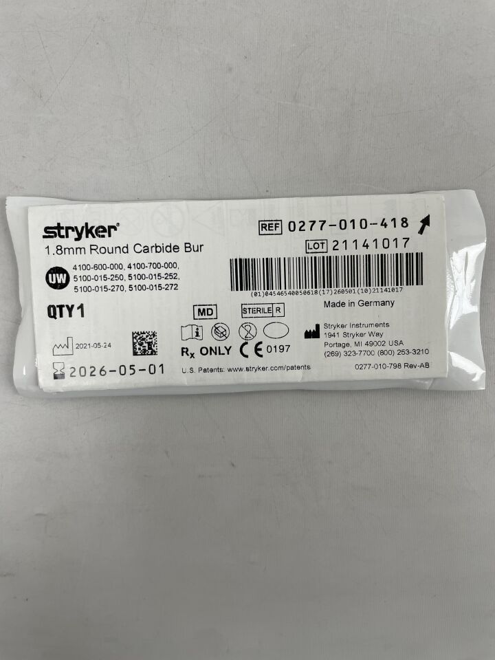 0277-010-418 - STRYKER - Fresa redonda de carburo de 1,8 mm (unidades) - (Fecha de caducidad: 01/05/2026)