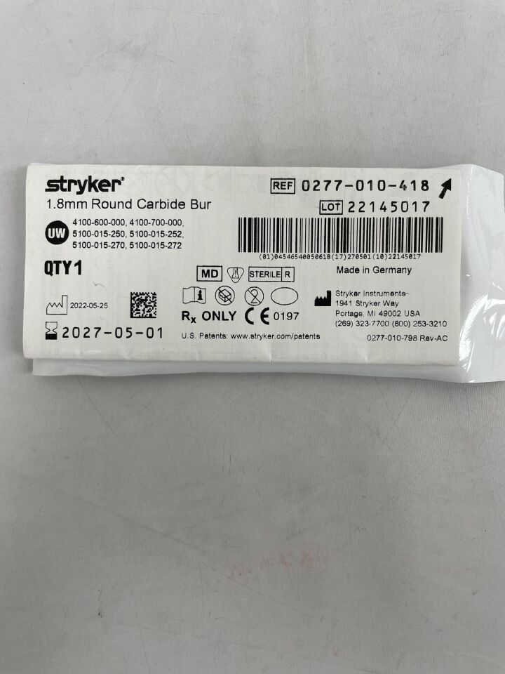 0277-010-418 - STRYKER - Fresa redonda de carburo de 1,8 mm (unidades) - (Fecha de caducidad: 01/05/2027)