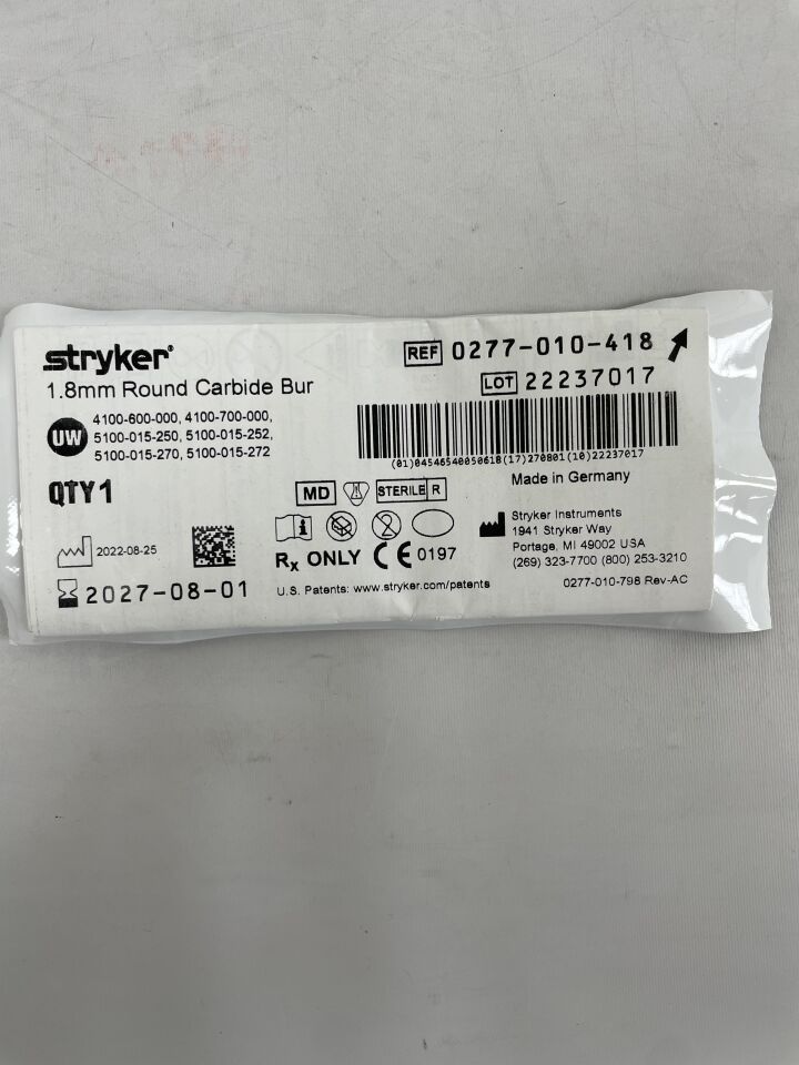 0277-010-418 - STRYKER - Fresa redonda de carburo de 1,8 mm (unidades) - (Fecha de caducidad: 01/08/2027)