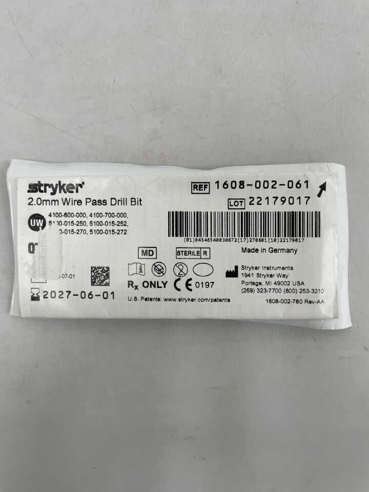 1608-002-061  -  STRYKER  -  2.0mm Wire Pass Drill Bit , ( EA )  -  ( Expiry Date : 2027-06-01 )