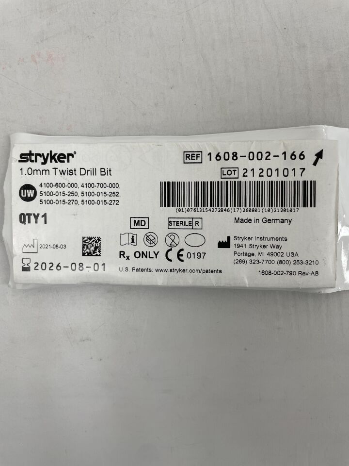 1608-002-166  -  STRYKER  -  Twist Drill Bit, 1.0mm , ( EA )  -  ( Expiry Date : 2026-08-01 )