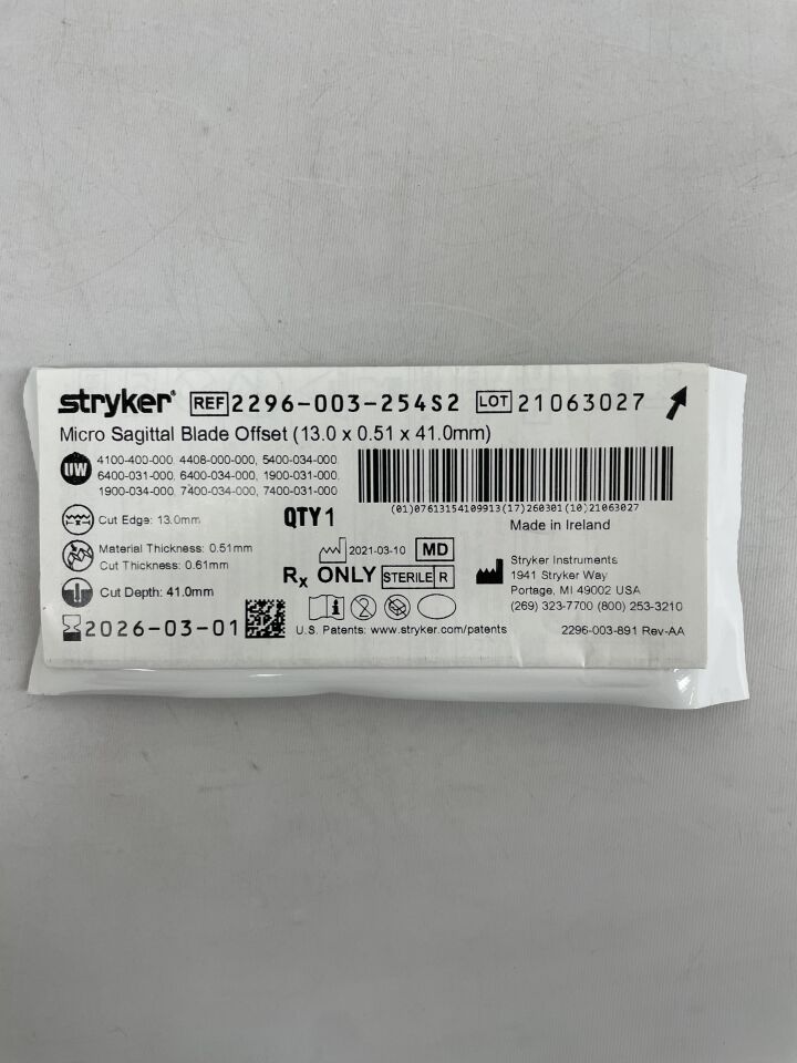 2296-003-254S2  -  STRYKER  -  Micro Sagittal Blade Offset 13.0 x 0.51 x 41.0mm , ( EA )  -  ( Expiry Date : 2026-03-01 )