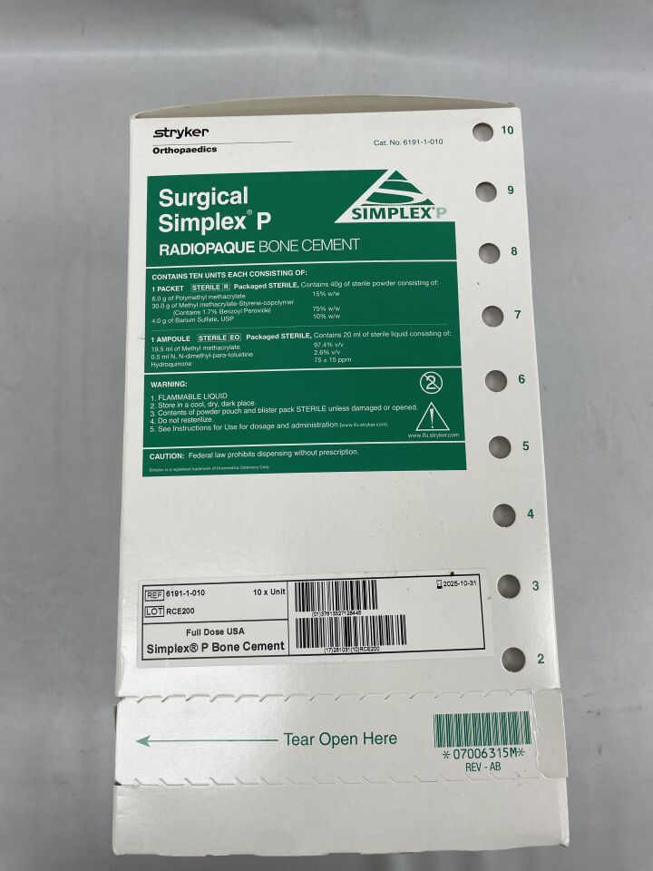 6191-1-001  -  STRYKER  -  Radiopaque Bone Cement, Full-Dose , ( BX/10 )  -  ( Expiry Date : 2025-10-31 )