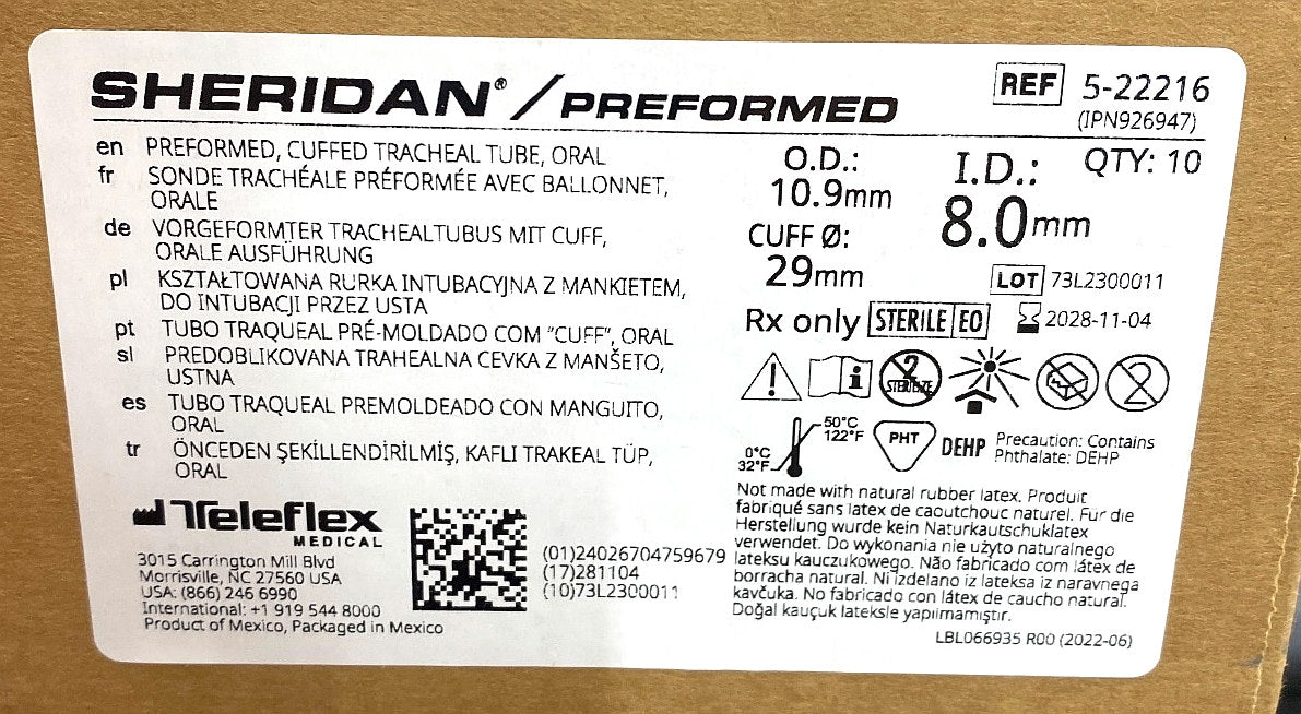5-22216 - TELEFLEX - ET TUBE, PREFORMED CUFFED ORAL, 8.0, (BX/10)
