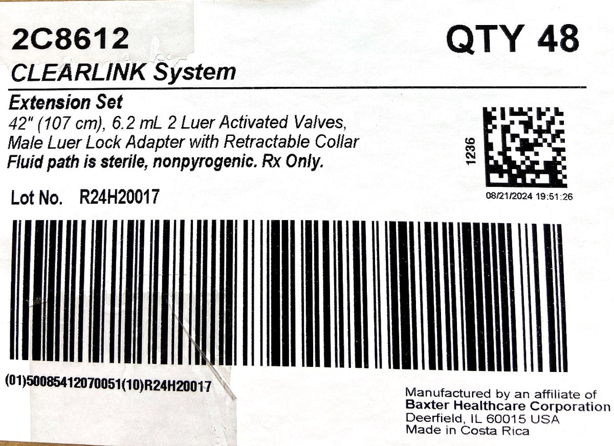 2C8612 - BAXTER - Extension Set, 2 Luer Activated Valves, Male Luer Lock Adapter with Retractable Collar, (BX/48)