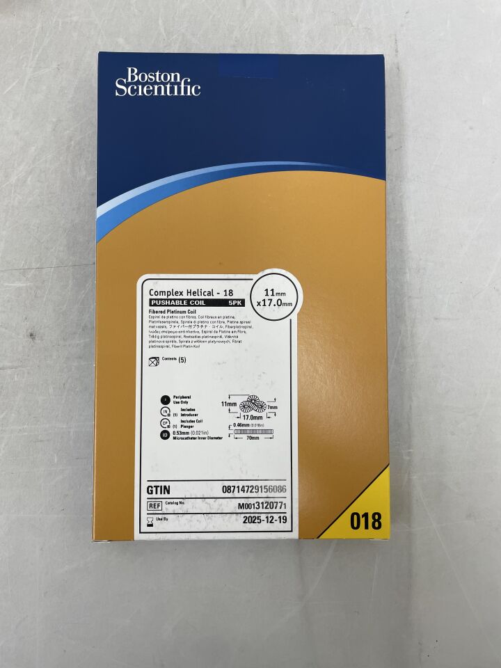 312077 - BOSTON SCIENTIFIC - Bobina de platino fibroso empujable helicoidal complejo-18 - 11 mm x 17,0 mm, (Caja de 5) - (Fecha de caducidad: 19/12/2025)