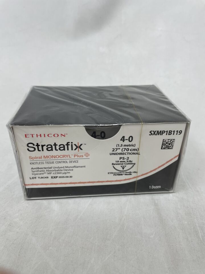 SXMP1B119 - ETHICON - Stratafix Spiral Monocryl Plus 無結組織控制裝置，3-0 號，27 英寸長，未染色單絲，3/8 英寸圓，19 毫米，（12 支/盒）-（有效期至：2025-09-30）
