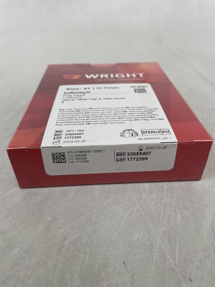 33655407  -  WRIGHT MEDICAL  -  INFINITY Poly Ankle Tibial Insert, Size - 4+, Height - 7mm , ( BX/1 )  -  ( Expiry Date : 2032-03-26 )