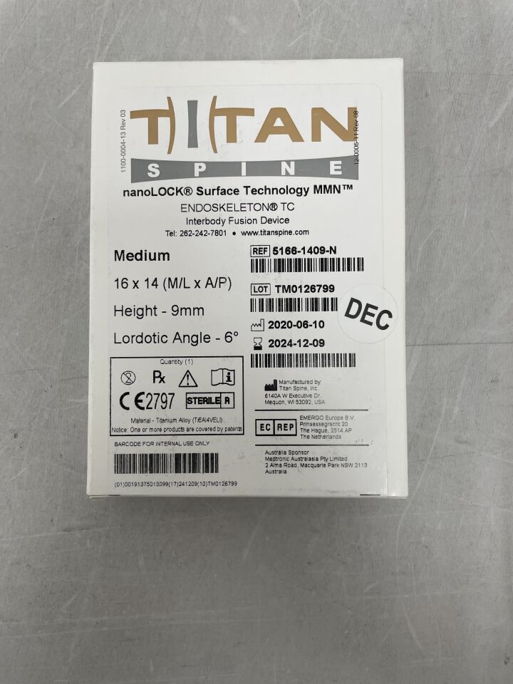 5166-1409-N - TITAN SPINE - Interbody Fusion Device nanoLOCK Surface Technology 6 Degree Medium 9mm, (BX/1) - ( Expiry Date: 2024-12-09 )