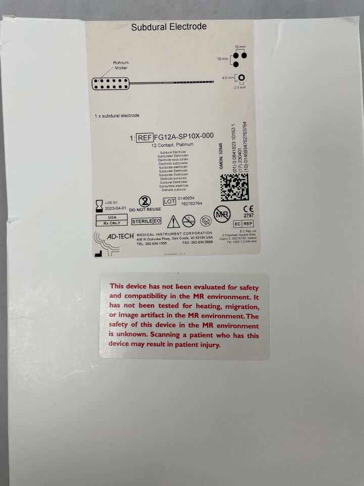 FG12A-SP10X-000 - ADTECH MEDICAL - Subdural Electrode 12 Contact Platinum 10mm, 4mm 2.3mm Platinum Mother, (BX/1) - ( Expiry Date: 2025-04-01 )
