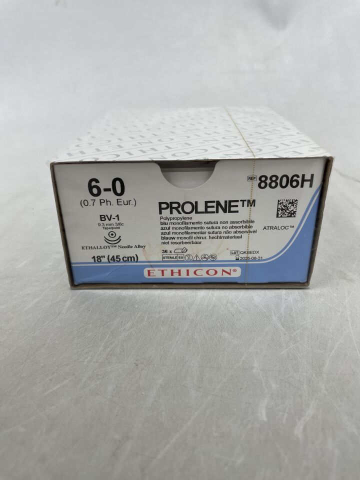 8806H - ETHICON - PROLENE 聚丙烯縫合線，錐形尖端，不可吸收，BV-1 9.3mm / BV-1 3/8 圓，藍色單絲 18 英寸 = 45cm，規格：6-0，（盒/36）-（有效期至：2025-08-31）