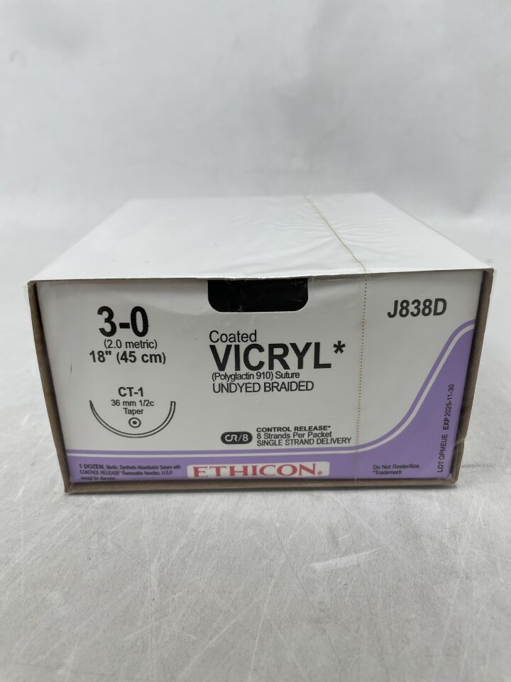 J838D - ETHICON - 塗層薇喬可吸收編織聚乳酸-羥基乙酸共聚物 910 縫合線，3-0 號，18 英寸長，CT-1 針，（盒/12）-（有效期至：2025-11-30）