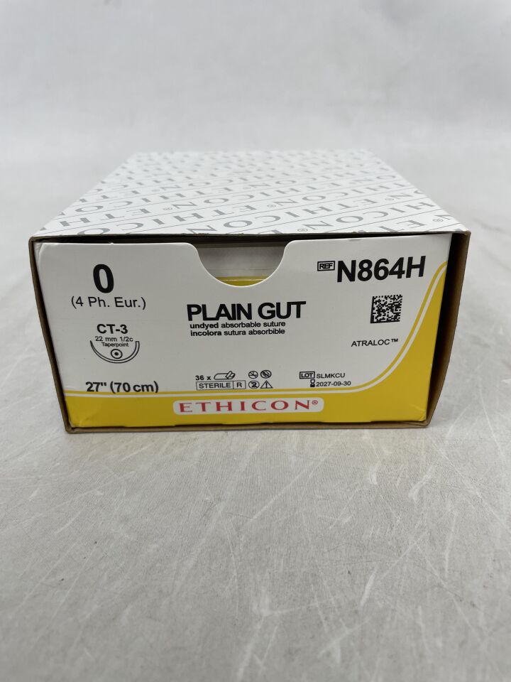 N864H - ETHICON - 普通腸線縫合線，0號，27吋長，黃褐色，半圓，22毫米針長，銀色針頭，CT-3針，（盒/36）-（有效期至：2027年9月30日）