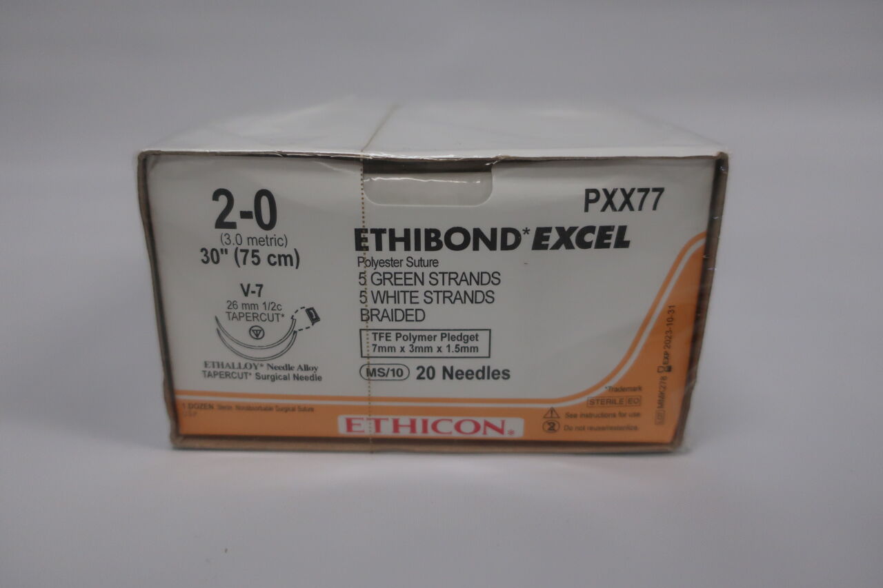 PXX77 - ETHICON - Ethibond Excel 聚酯縫合線，5股綠色，5股白色，編織，2-0號，30英寸長，26毫米半圓錐形，V-7雙臂牢固縫合，（12盒）-（有效期至：2025年8月31日）
