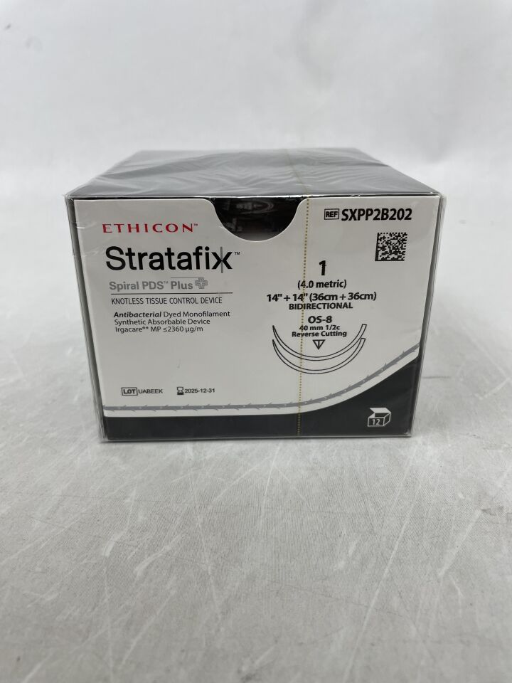 SXPP2B202 - ETHICON - STRATAFIX 螺旋 PDS Plus 縫合線，雙向紫色，反向切割，可吸收，OS-8 40mm 1/2 圓，14" = 35cm，1 號，（盒/12）-（有效期：2025-12-31）