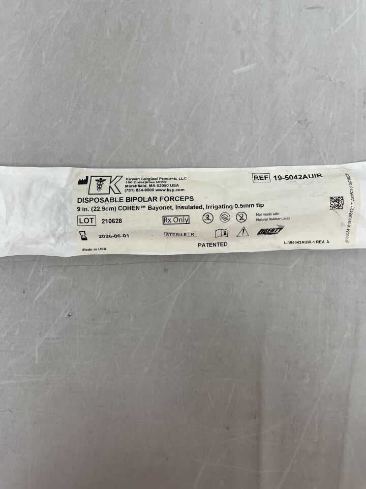 19-5042AUIR - KIRWAN SURGICAL - 一次性雙極電凝鑷 9 英寸舒適握柄卡口式，0.5 毫米尖端，（每個）-（有效期至：2026-06-01）