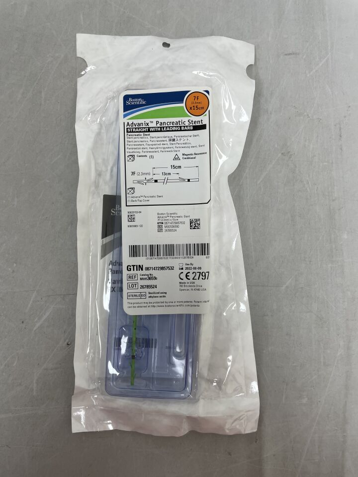 3659 - BOSTON SCIENTIFIC - Advanix Pancreatic Stent - Straight with Leading Barb - 7Fr x 15cm, (EA) - ( Expiry Date: 2022-08-09 )