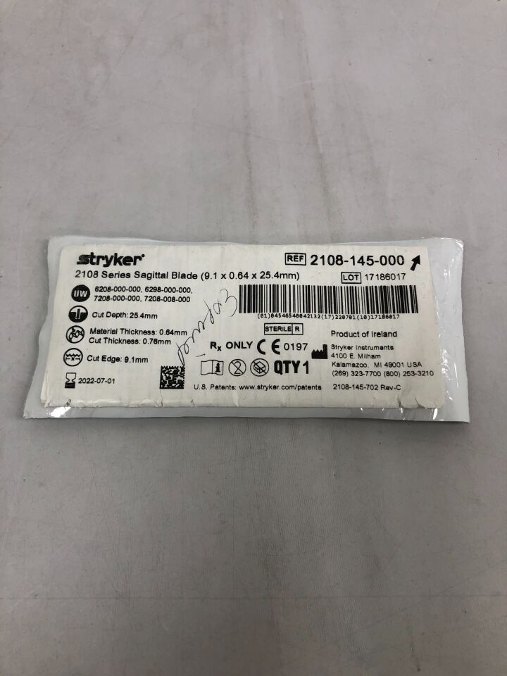 2108-145-000 - STRYKER - Series Sagittal Blade, 9.1 x 0.64 x 25.4mm, (EA) - ( Expiry Date: 2024-12-01 )