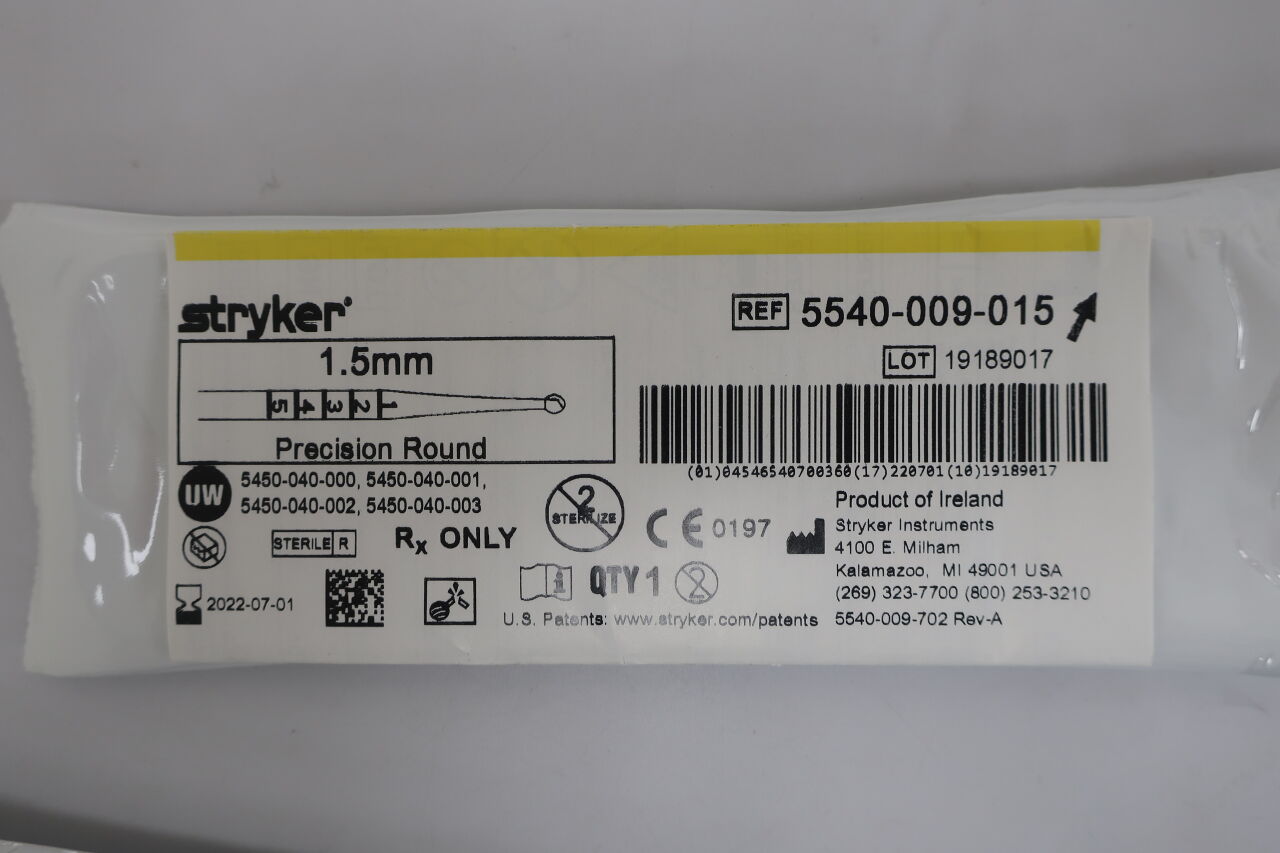 5540-009-015 - STRYKER - S2 Precision Round Bur, Two-Flutes 1.5mm, (EA) - ( Expiry Date: 2022-07-01 )
