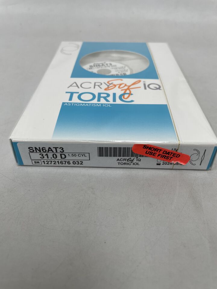 SN6AT3.310 - ALCON - AcrySof(R) IQ TORIC ASTIGMATISM IOL, SINGLE-PIECE ACRYLIC FOLDABLE LENS, UV WITH BLUE LIGHTFILTER, 13.0mm LENGTH, 6.0mm BICONVEX TORICASPHERIC OPTIC, 1.50 D CYLINDER., (BX/1) - ( Expiry Date: 2024-05-31 )