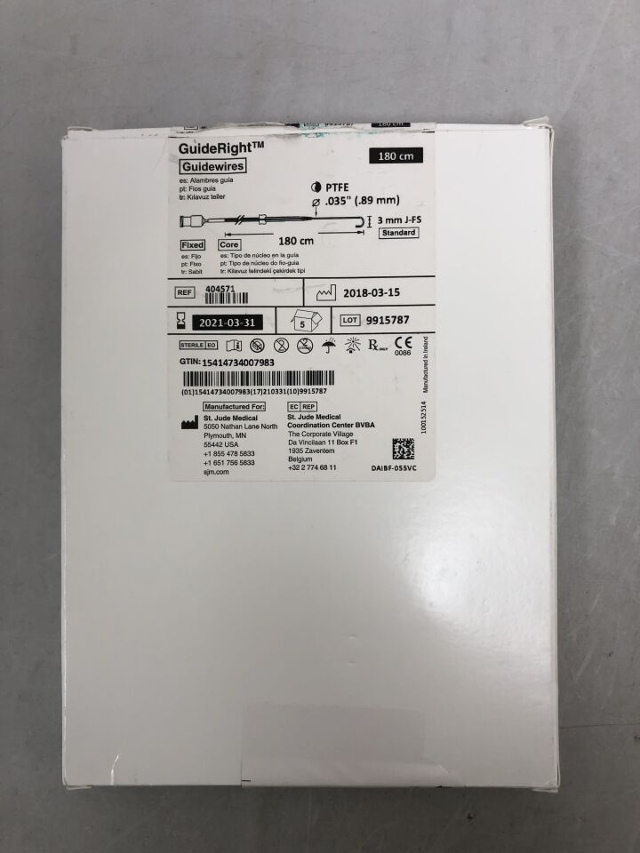 404571 - ST JUDE MEDICAL - guideright guidewire 0.035" x 180cm, 3mm standard j, (BX/5) - ( Expiry Date: 2021-03-31 )