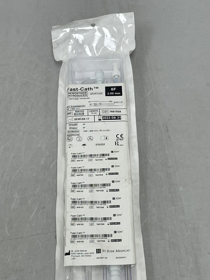 406103 - ST JUDE MEDICAL - fast-cath hemostasis introducer sheath w/luer lock hub, valve, sideport, dilator, guidewire & sleeve 6f x 12cm, (EA) - ( Expiry Date: 2023-08-31 )