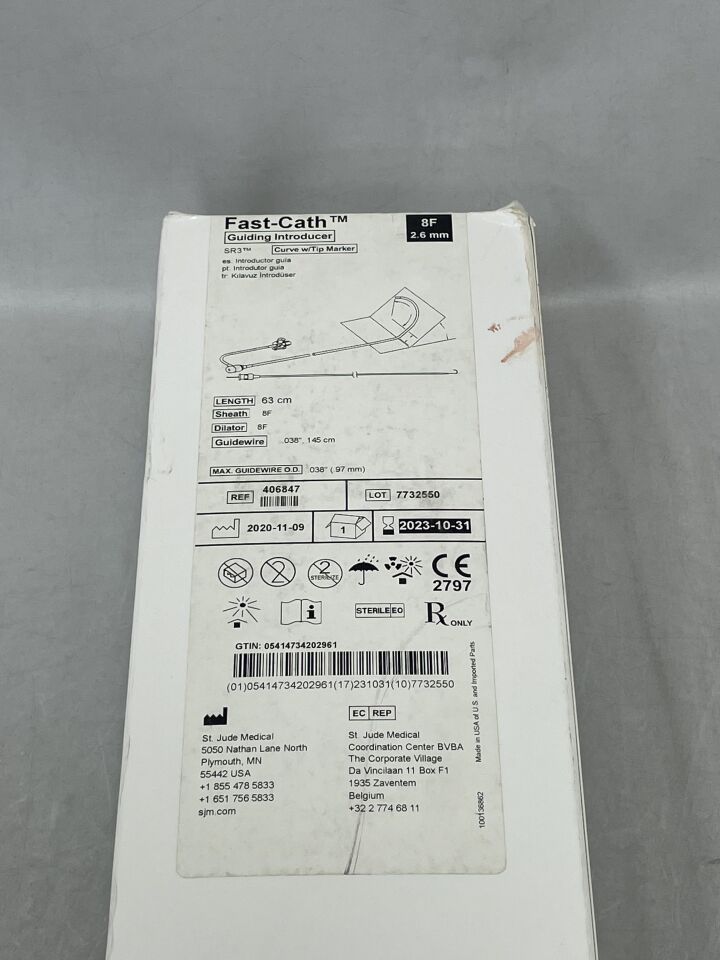 406847 - ST JUDE MEDICAL - Fast-Cath Swartz SR Guiding Introducer Sheath w/Valve & Sideport, Dilator & Guidewire, 8F x 63cm SR3, (BX/1) - ( Expiry Date: 2023-10-31 )
