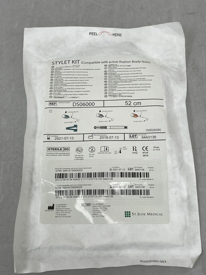 DS06000/52 - ST JUDE MEDICAL - Pacing/defibrillation lead stylet kit, 52cm , Compatible with active-fixation Brady leads, (EA) - ( Expiry Date: 2021-07-13 )
