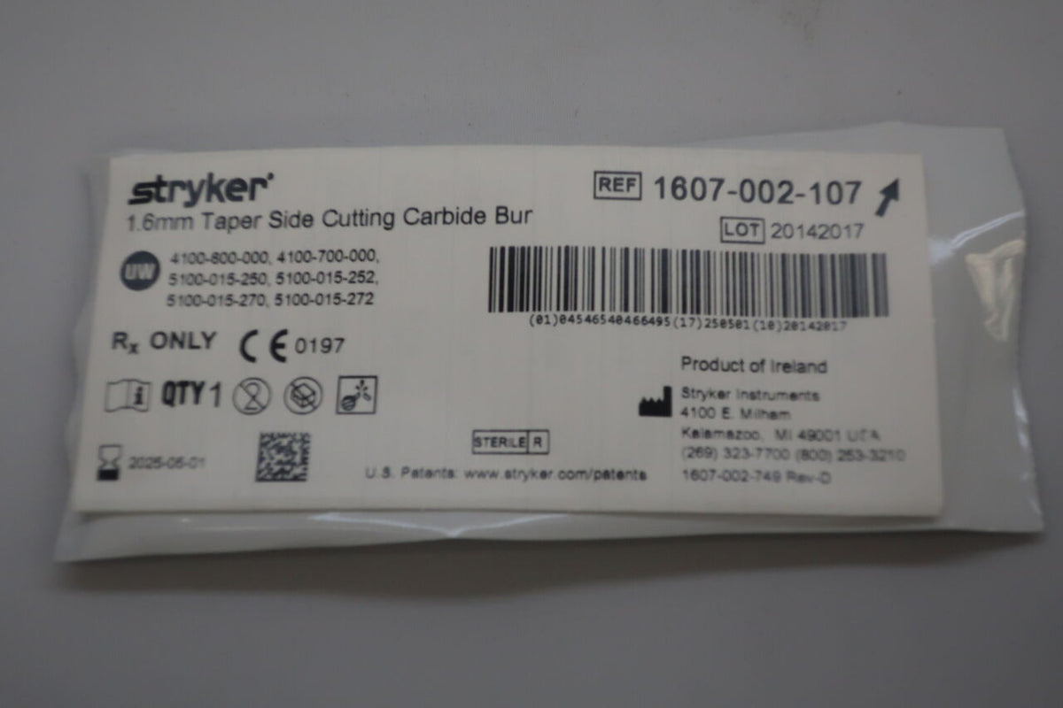 1607-002-107 - STRYKER - 1.6mm Taper Side Cutting Carbide Bur, (EA)