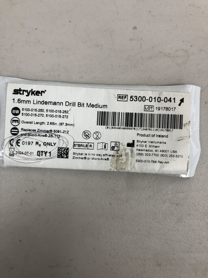 5300-010-041 - STRYKER - 1.6mm Lindemann Drill, Medium, (EA) - ( Expiry Date: 2024-07-01 )