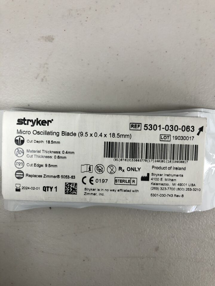 5301-030-063 - STRYKER - Micro Oscillating Blade, 9.5 x 0.4 x 18.5mm, (EA) - ( Expiry Date: 2024-02-01 )