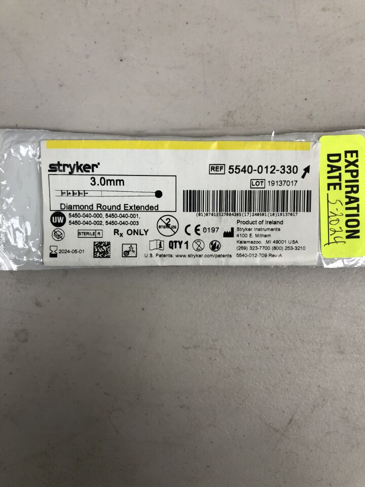 5540-012-330 - STRYKER - Extended Round Diamond Burr, 3 mm Head dia., (EA) - ( Expiry Date: 2024-05-01 )