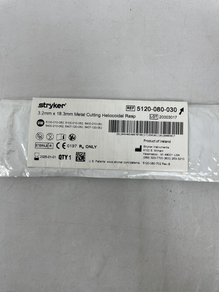 5120-080-030 - STRYKER - Metal Cutting Heliocoidal Rasp, Medium, 3.2 dia. x 18.3 mm, () - ( Expiry Date:  )