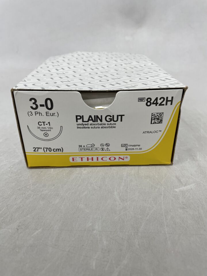 842H - ETHICON - 外科腸線縫合線 - 平頭，錐形，可吸收，CT-1 36mm 半圓，平頭單絲 27" = 70cm，規格：3-0，（）-（有效期：）