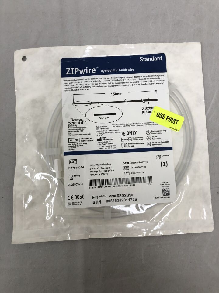 680201 - BOSTON SCIENTIFIC - ZIPwire Hydrophilic Guidewire - Standard, Straight - .025" x 150cm, () - ( Expiry Date:  )