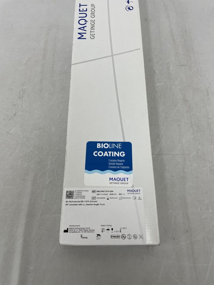BEQ-PAS 1515-USA - MAQUET - HLS Cannula, 15Fr, 3/8" Connector With LL, Insertion length 15cm, with Bioline Coating, () - ( Expiry Date:  )