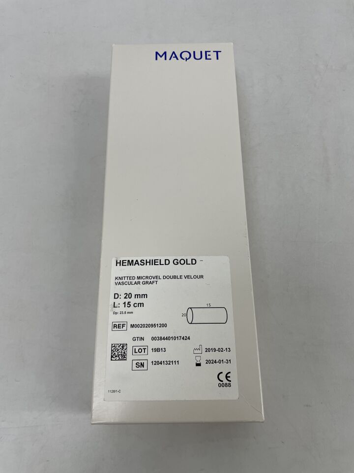 M002020951200 - MAQUET - Hemashield Gold Knitted Microvel Double Velour Vascular Graft, 20mm x 15cm, () - ( Expiry Date:  )