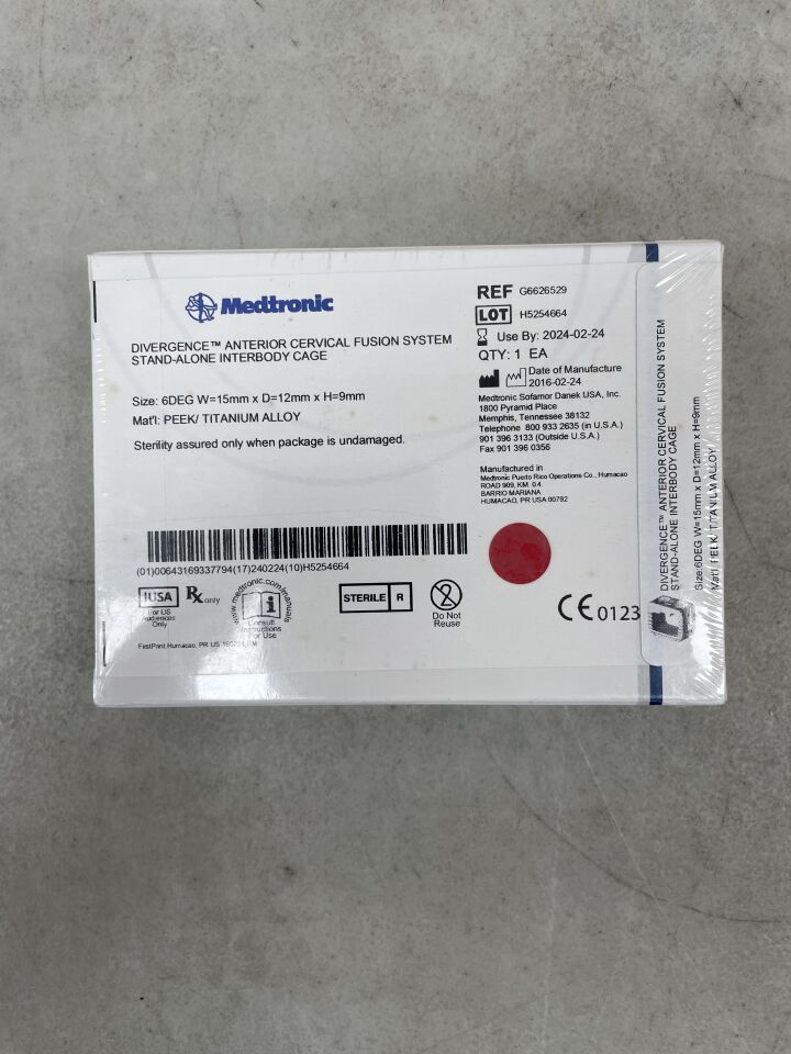 G6626529 - MEDTRONIC - Divergence Anterior Cervical Fusion System Stand-Alone Interbody Cage, 6 Degrees, 15 x 12 x 9mm, () - ( Expiry Date:  )