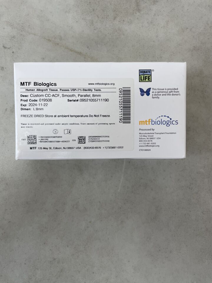 19508 - MTF BIOLOGICS - Human Allograft Tissue, Custom CC-ACF, Smooth, Paralell, 8mm, () - ( Expiry Date:  )