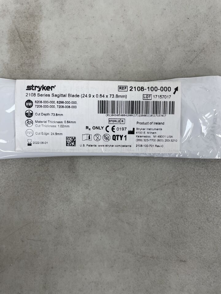 2108-100-000 - STRYKER - Sagittal Blade 24.9mm x 73.8mm x 0.64mm, () - ( Expiry Date:  )