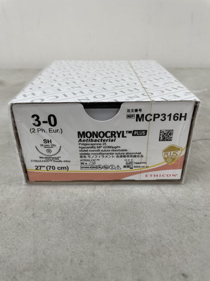 MCP316H - ETHICON - Monocryl Plus 可吸收單絲縫合線，3-0 號，27 英吋長，SH 針，（）-（有效期限：）