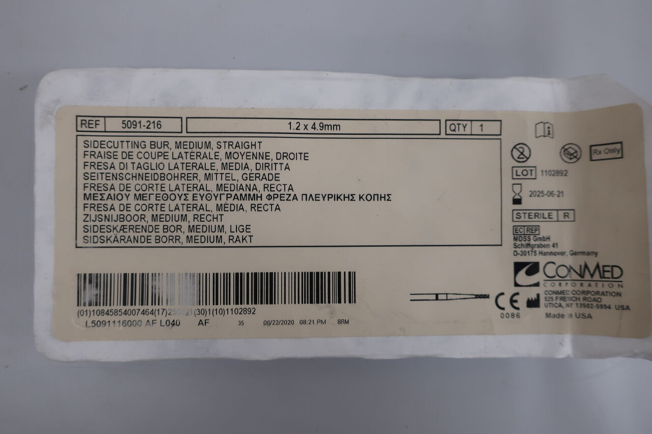5091-216 - CONMED - 1.2 x 4.9mm sidecutting bur, medium, straight, 5 ea, () - ( Expiry Date:  )