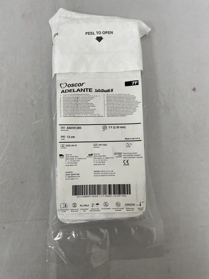 AS07013B5 - OSCOR - Adelante SafeSheath II Hemostatic Peel Away Introducer w/Side Port 7F x 13cm, () - ( Expiry Date:  )