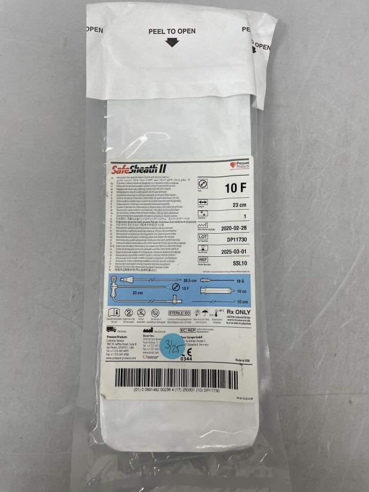 SSL10 - OSCOR - SafeSheath II Hemostatic Tear-away Introducer System with Infusion Side Port - 10Fr x 23cm, () - ( Expiry Date:  )