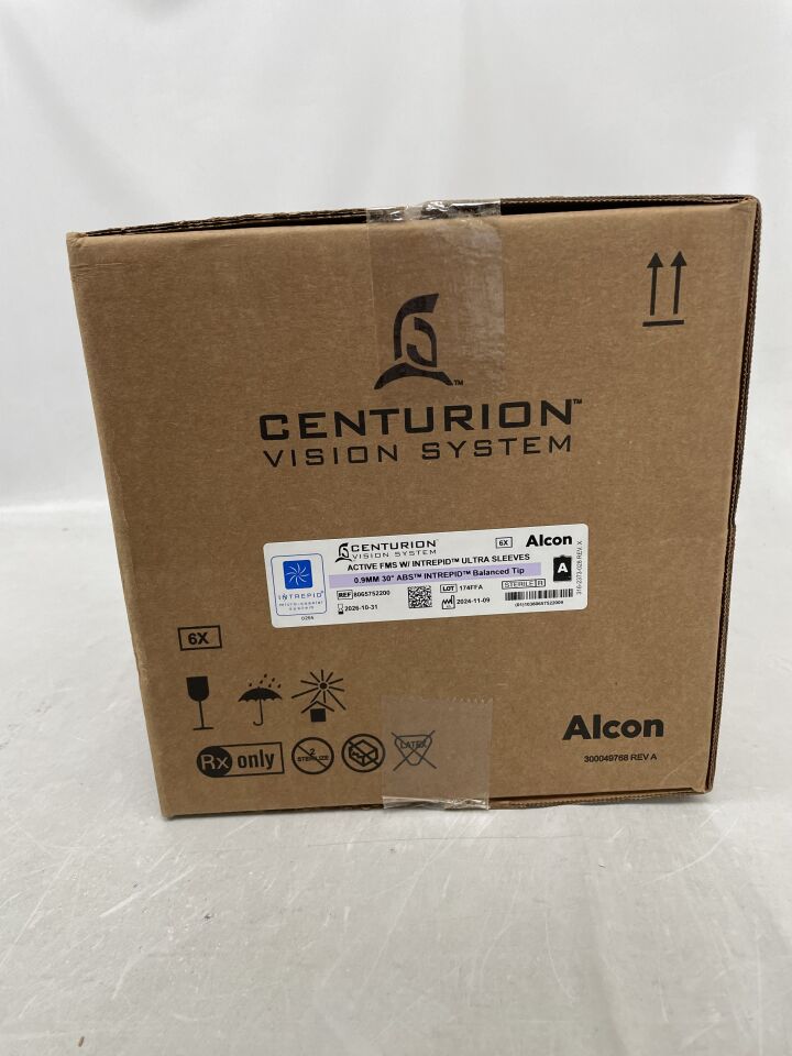 Centurion Vision System medical equipment shipping box with product labels and handling icons