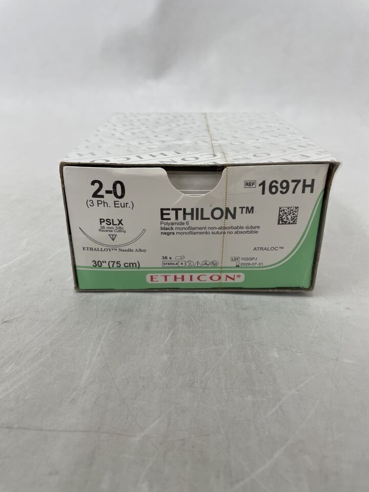 1697H  -  ETHICON  -  ETHILON Nylon Suture, Non-Absorbable, Precision Point - Reverse Cutting, PSLX 40mm 3/8 Circle, Black Monofilament, 30" ˜ 75cm, Size: 2-0 , (  )  -  ( Expiry Date :  )